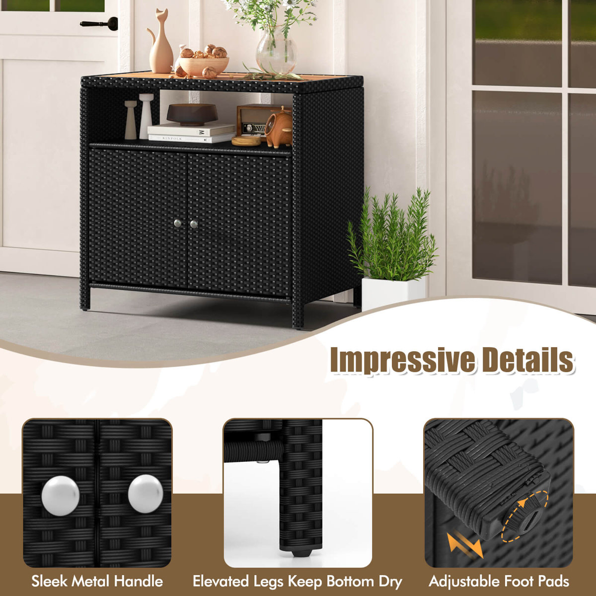 Latitude Run® Patio Storage Cabinet With Acacia Wood Countertop Open Shelf 2 Door Cabinet